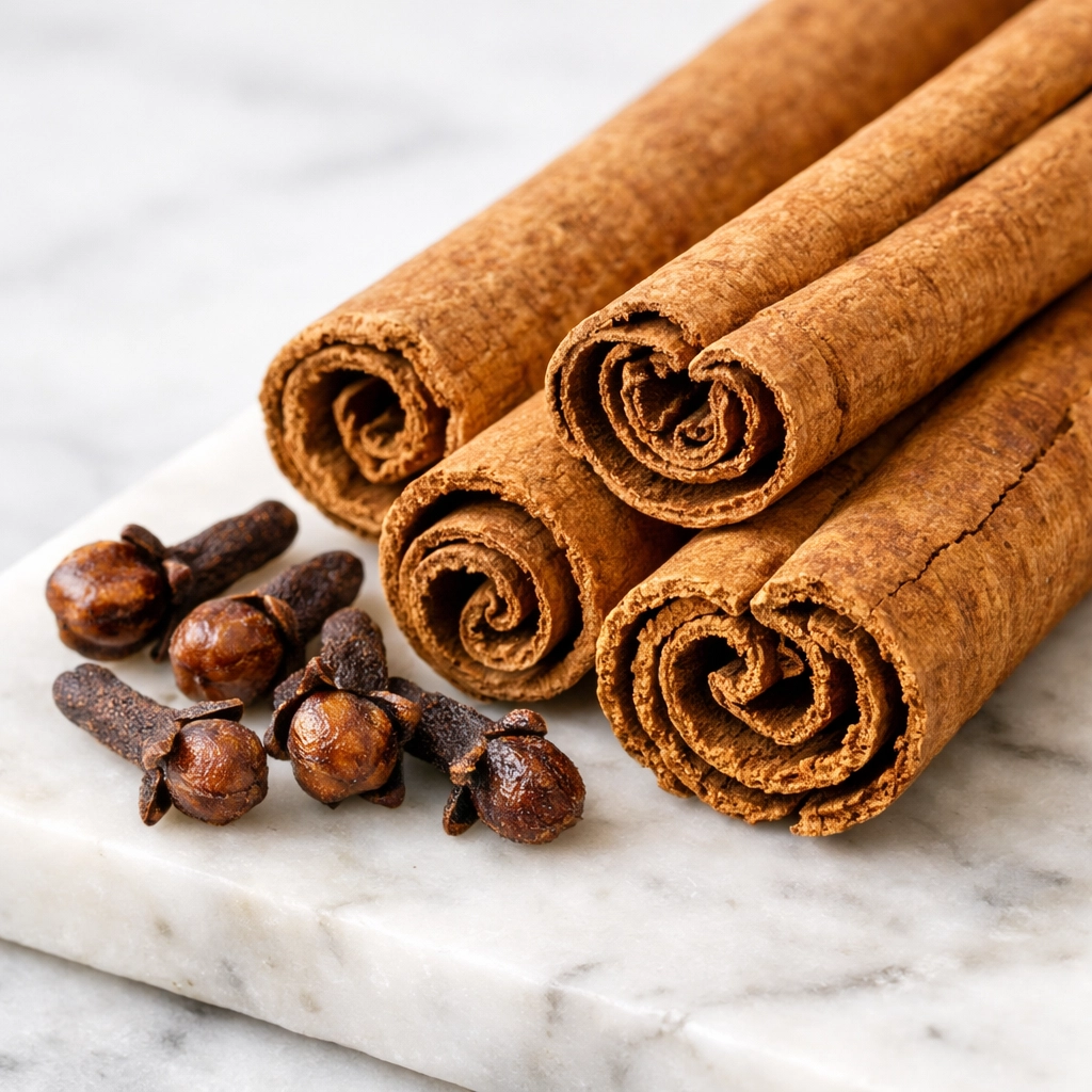 High-quality H1 grade Ceylon cinnamon sticks and cloves on a minimalist marble background.