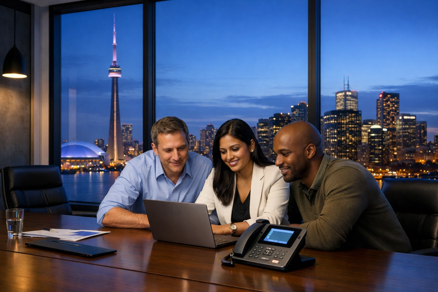 Corporate decision makers in Canada reviewing cloud PBX and business VoIP communication systems.