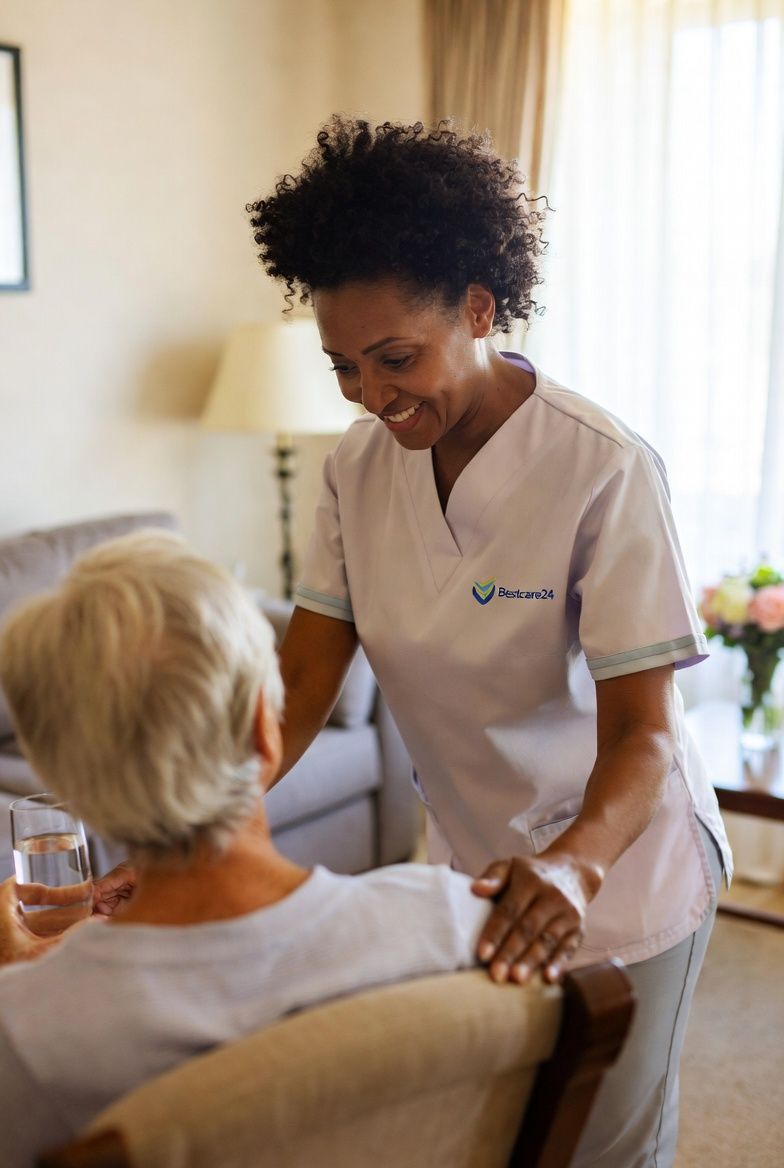 A BestCare24 carer providing a reassuring hand to an elderly client
