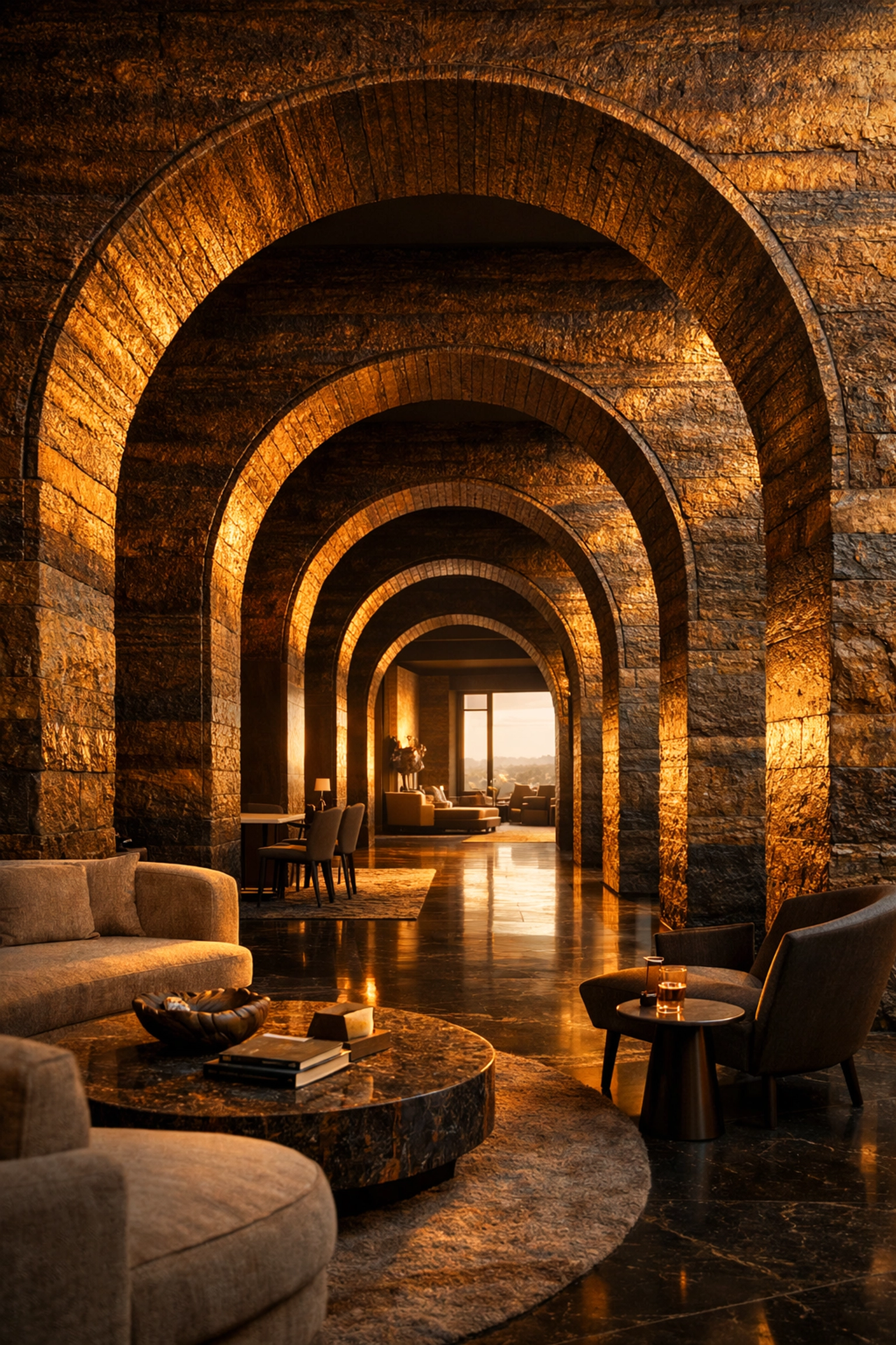 Intérieur de luxe avec des arches élégantes revêtues de pierre flexible foncée Golden Sunset.