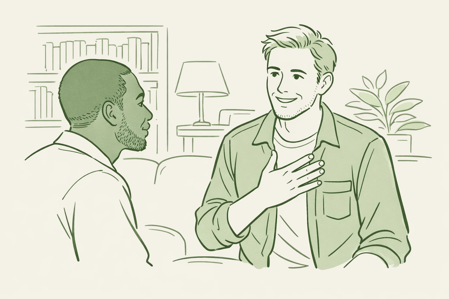 Two men meeting in a library, symbolizing respectful introductions in an inclusive queer space.