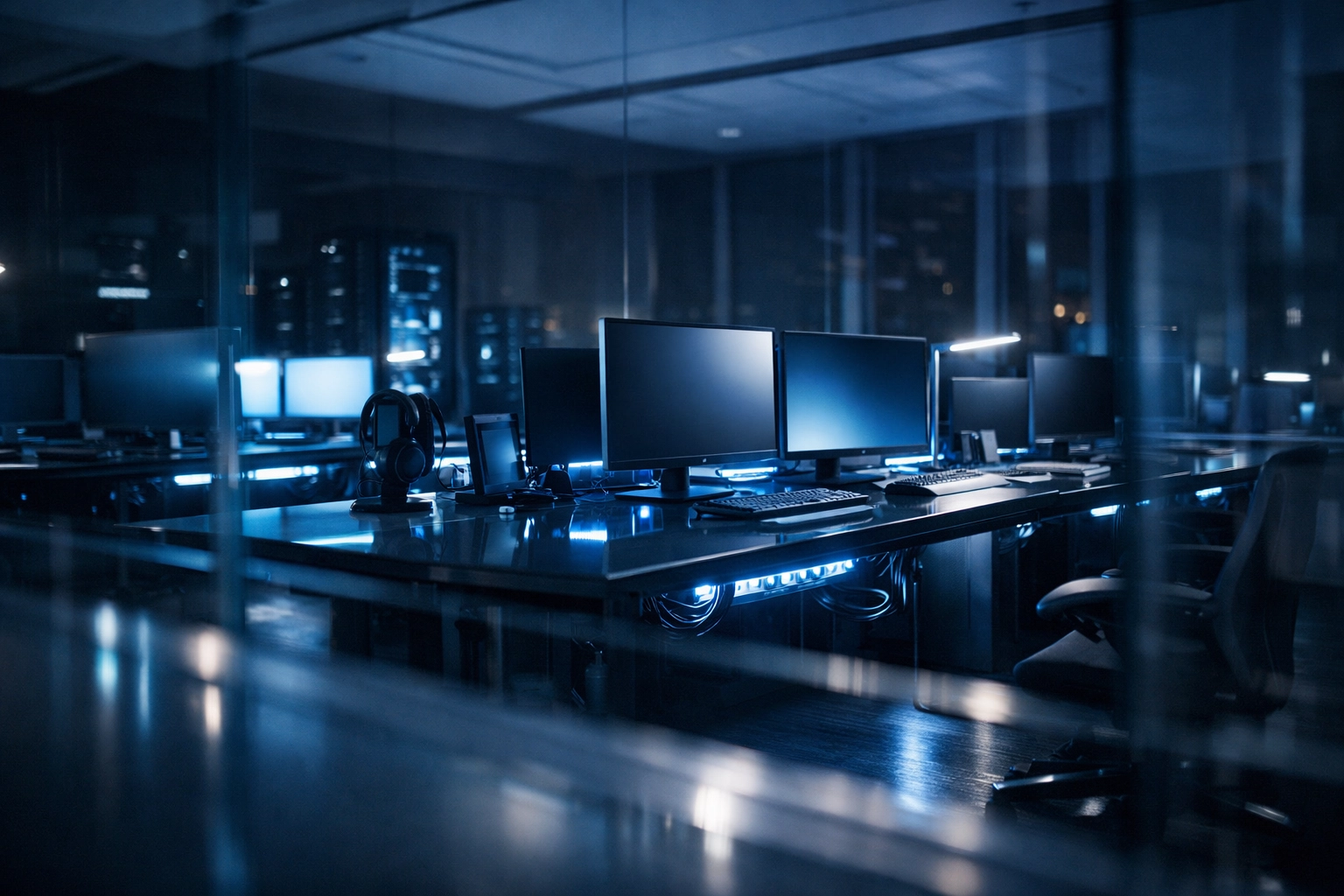 A clean and secure Burlington tech office after-hours, showing dust-free workstations.