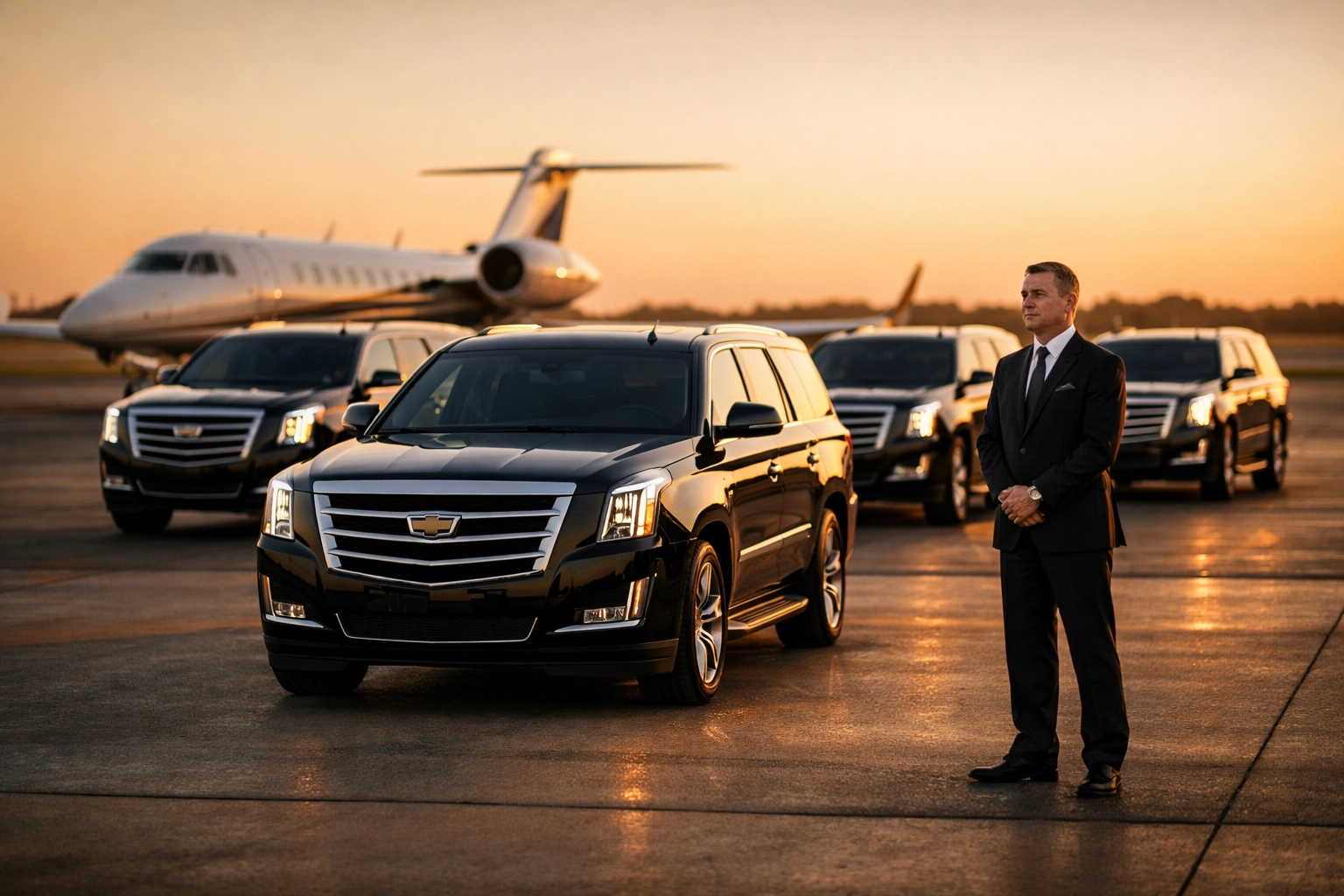PRESS RELEASE: Boost Your Brand Visibility Instantly with These 5 Super Bowl Blitz Tips Fleet of luxury SUVs and a private jet on a tarmac, showcasing elite corporate travel and logistics.