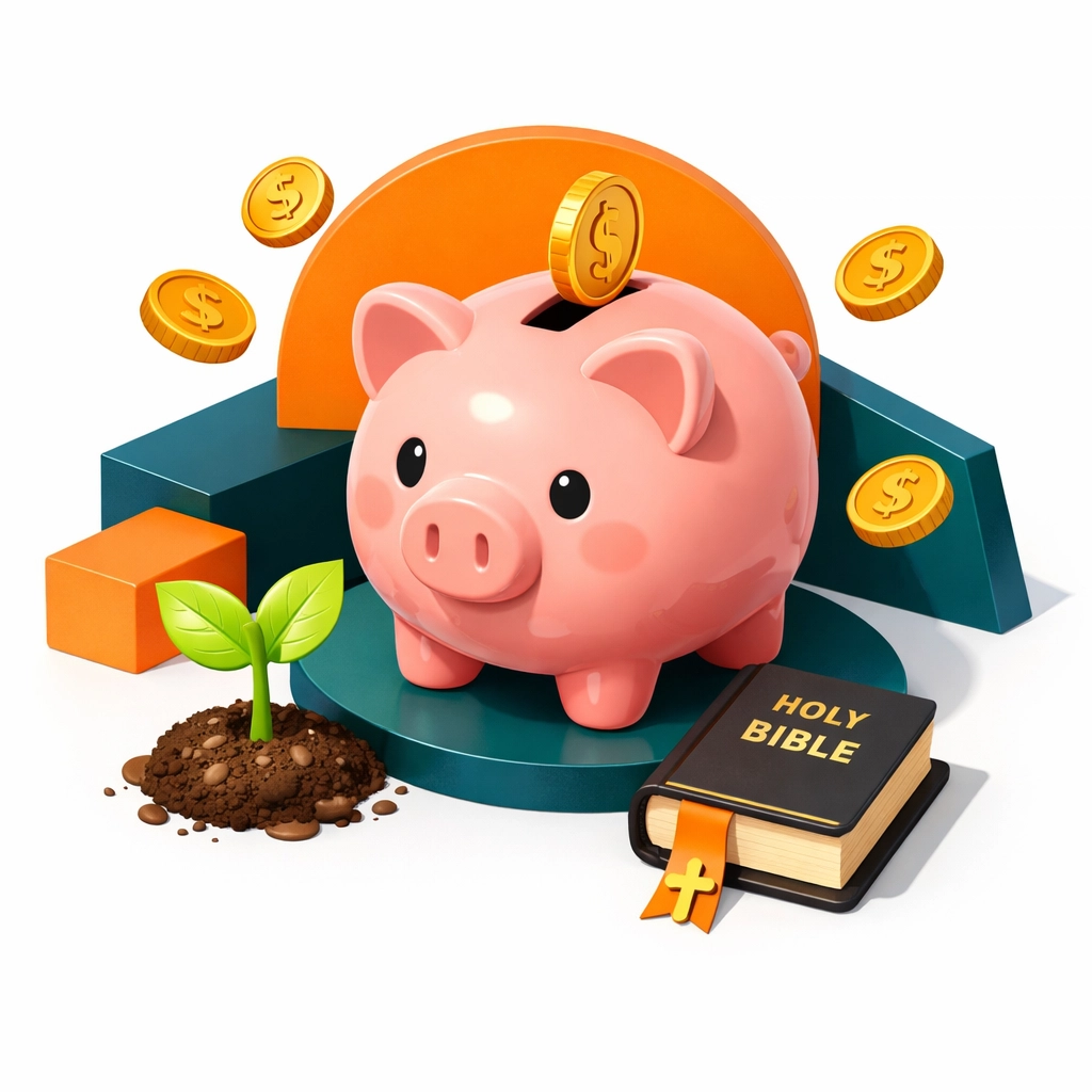 Piggy bank with Bible symbolizing Christian financial stewardship for children