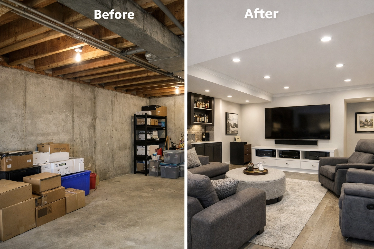 Before and after basement remodeling transformation from unfinished to entertainment room