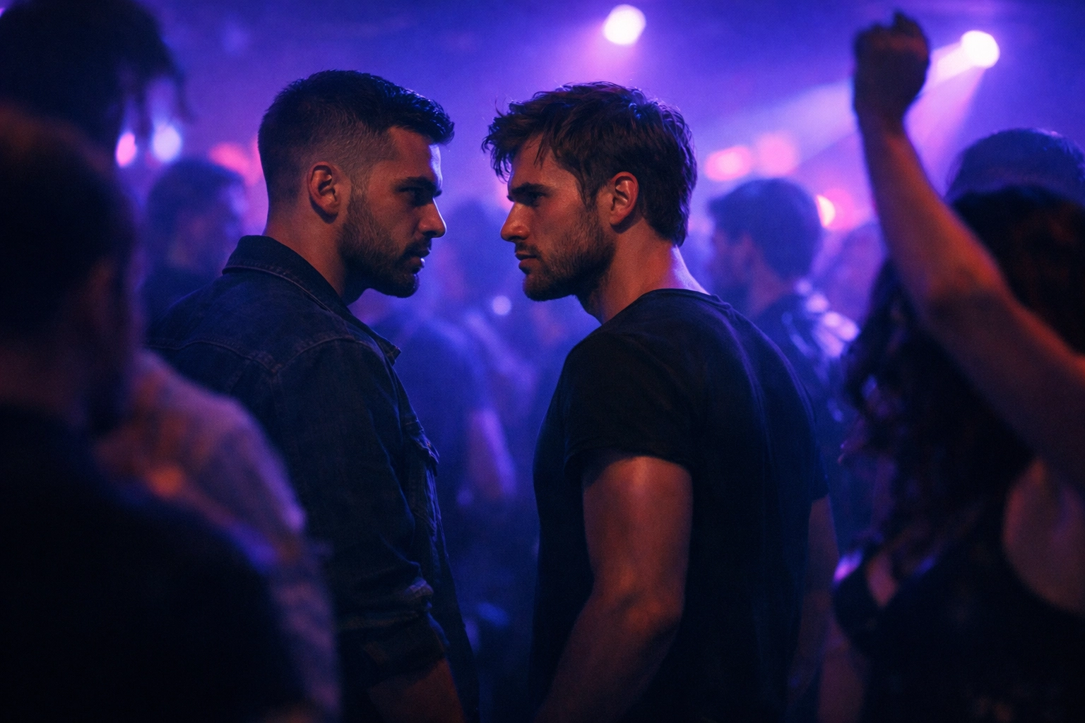 Two men making intense eye contact in a crowded gay nightclub with neon lights