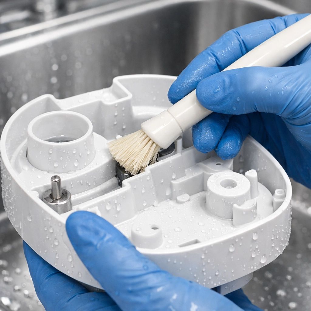A person cleaning a humidifier base to remove mold and mineral deposits.