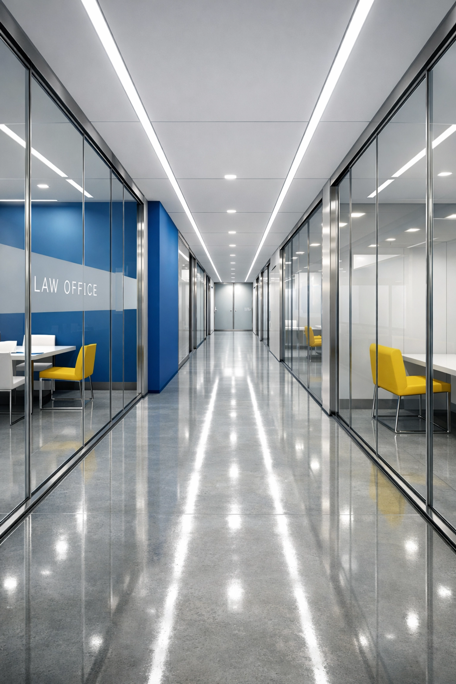 Minimalist office hallway with polished floors and clean glass walls in Boston's Financial District.