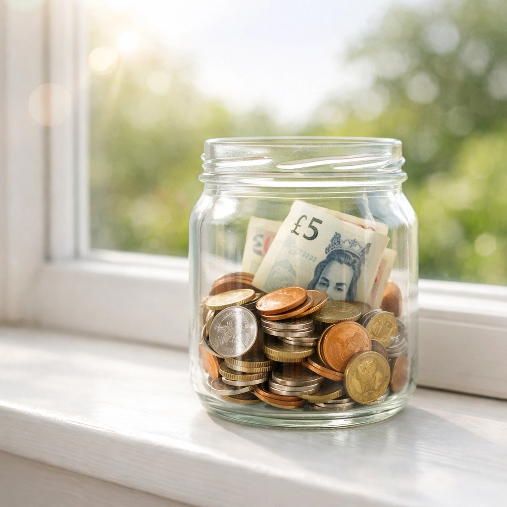 Savings jar on a windowsill showing financial planning with a mortgage broker Camberley.