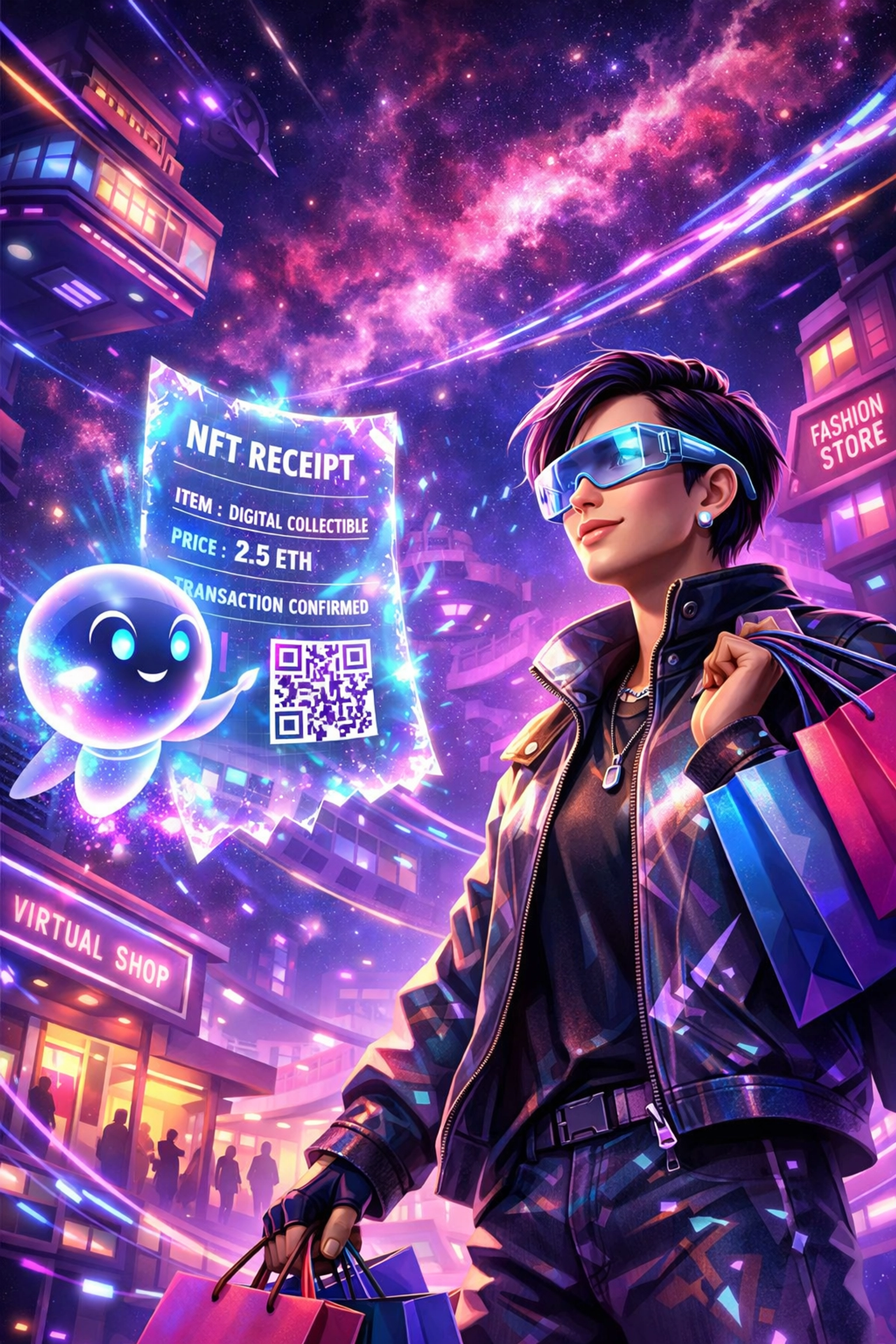 Metaverse shopper using an AI assistant to receive a secure NFT receipt for crypto payments.