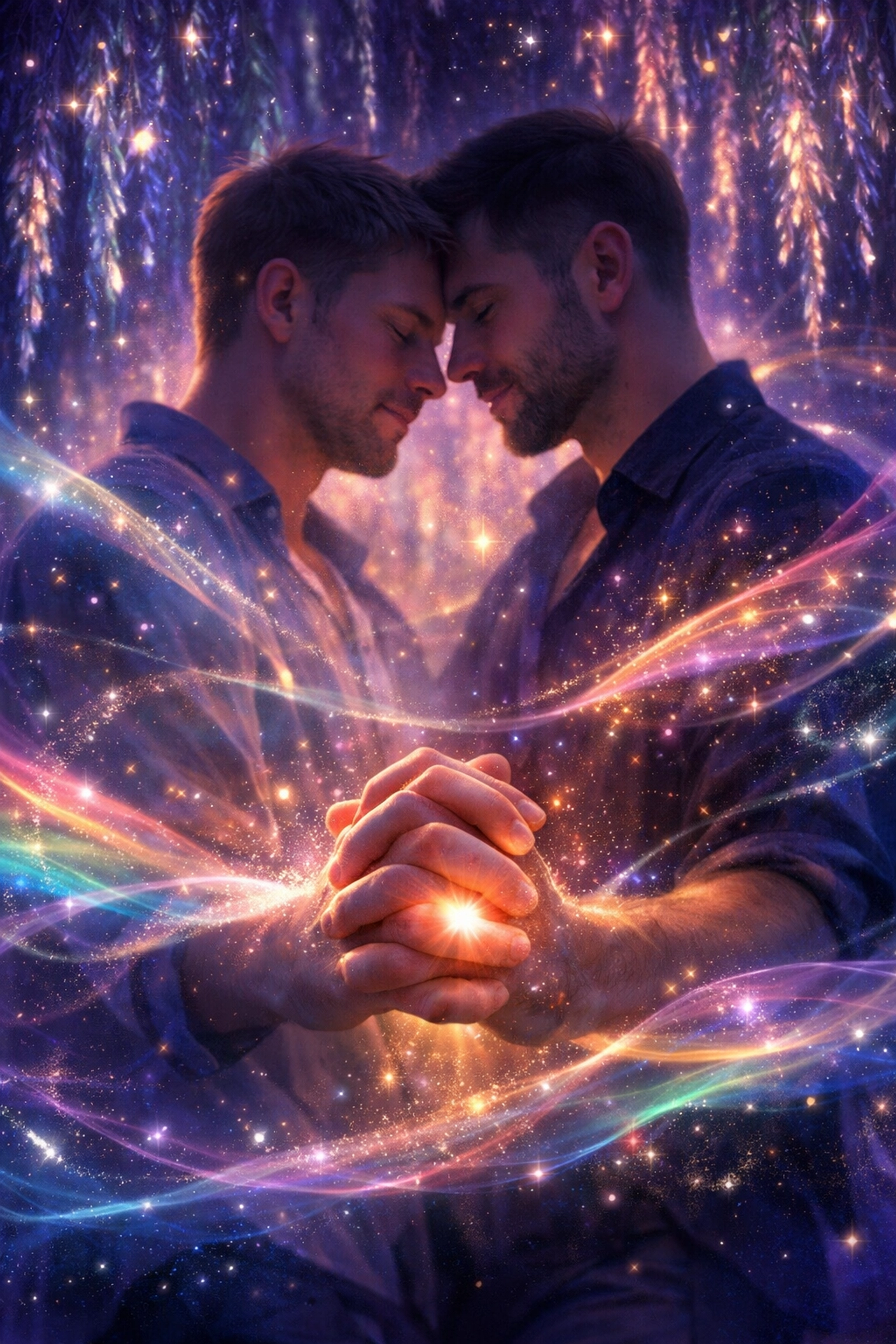 A spiritual embrace between two men under glowing trees, representing queer spirituality and divine love.