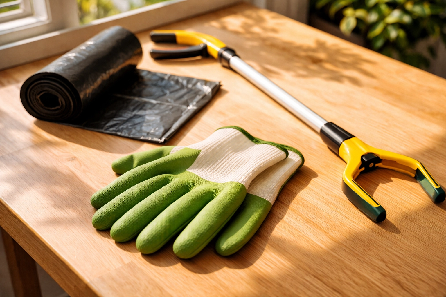 Essential litter picking gear including gloves, a litter picker, and bin bags for easy solo trash cleanup