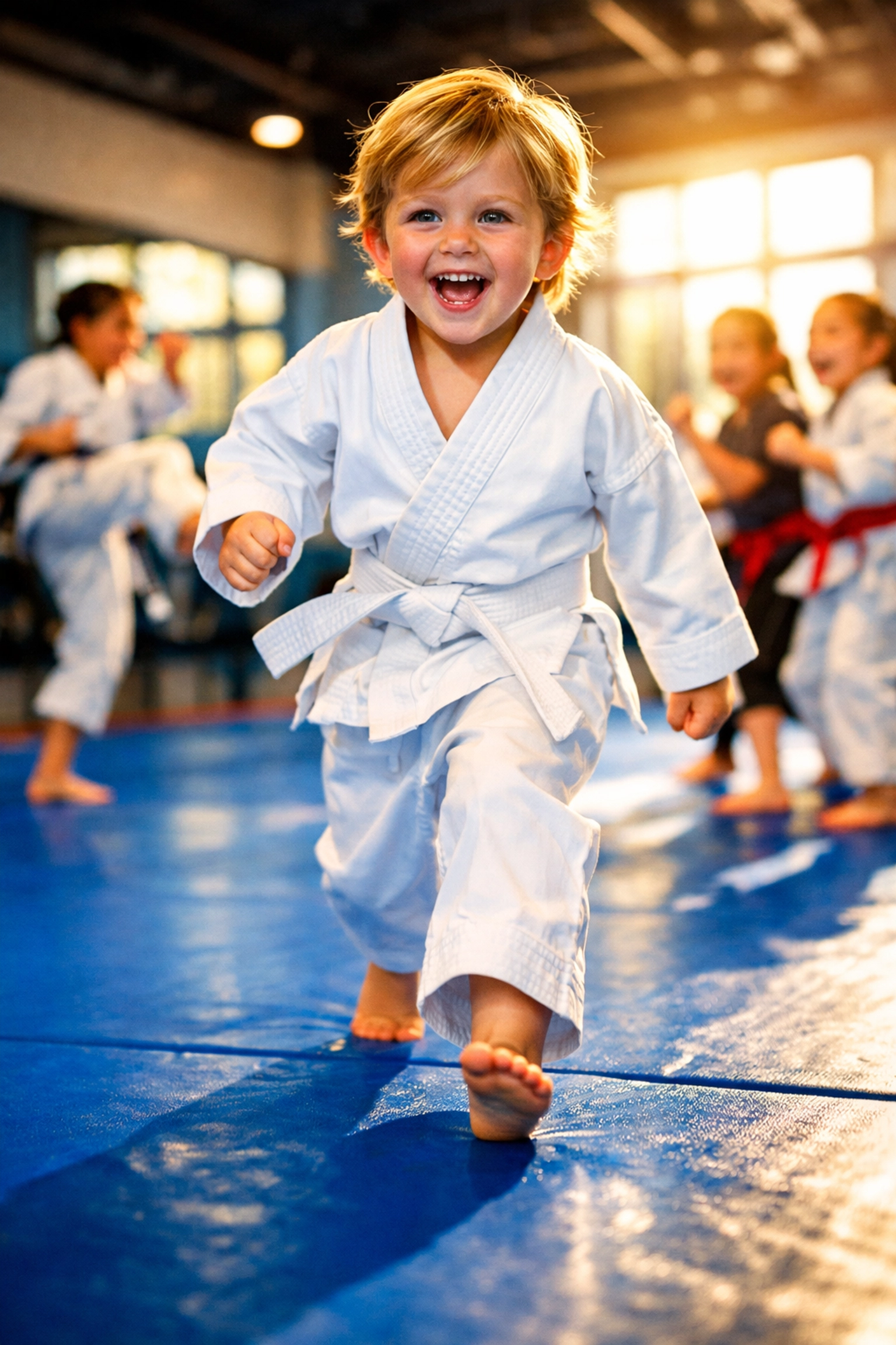 A determined child in a white uniform steps onto the mat for their first El Dorado Hills martial arts class.
