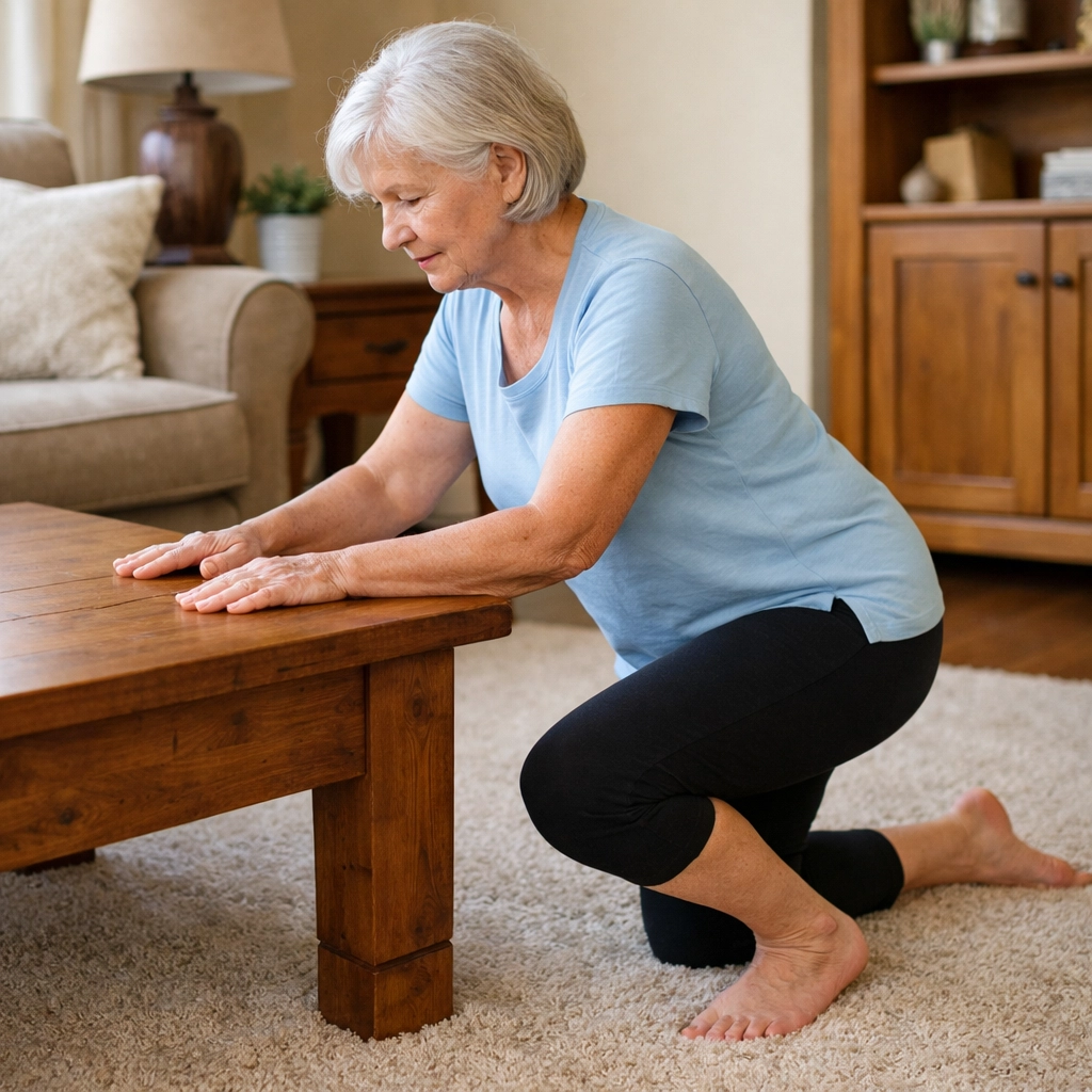 Senior woman in half-kneeling position using table for support to stand after fall