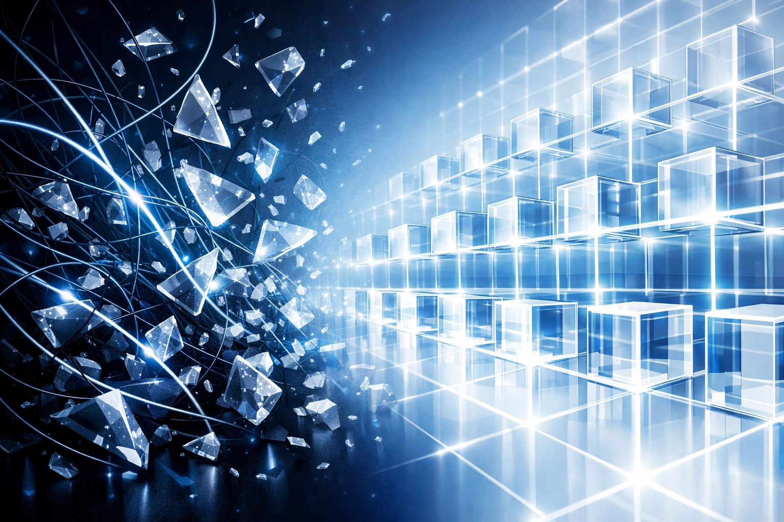Visual metaphor of digital transformation turning chaotic data into a streamlined, organized grid.