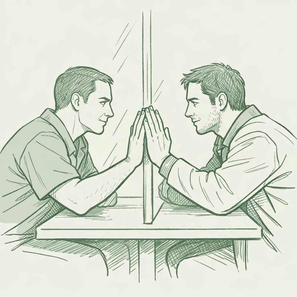 Gay couple in prison visiting room touching hands through glass partition during visiting hour