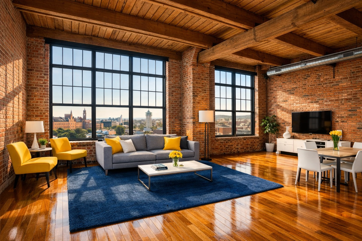 Clean Lowell loft with brick walls and polished floors after a move-in/move-out cleaning Lowell.