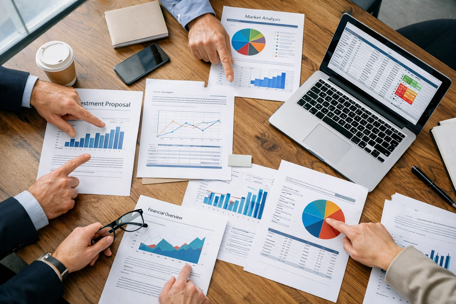 Business team reviewing financial reports and investment proposals at strategy meeting