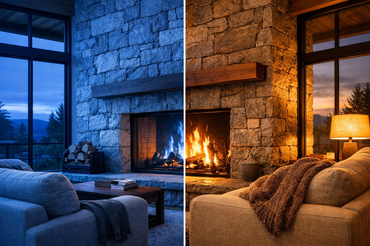 A split view showing incorrect blue white balance versus natural warm tones on a manual mode camera setup.