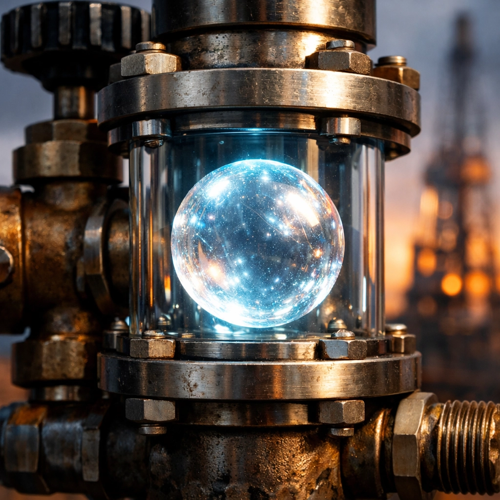 Rare liquid helium bubble captured in an industrial valve, highlighting global scarcity and supply chain issues.