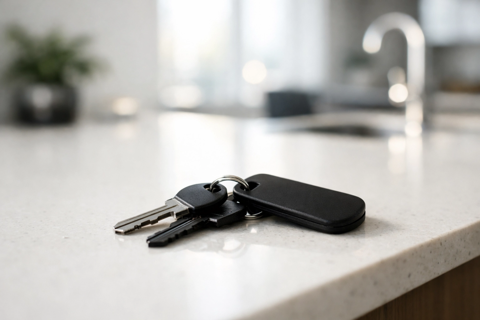 Modern black home keys on a white quartz kitchen counter in a sunlit Denver condo.