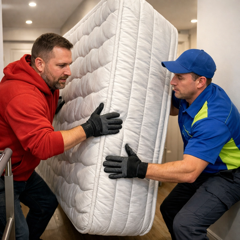 How to Get Rid of an Old Mattress in Innisfil: (Without the Headache) Junk GTA experts safely navigating a heavy mattress through a narrow Innisfil home for removal.