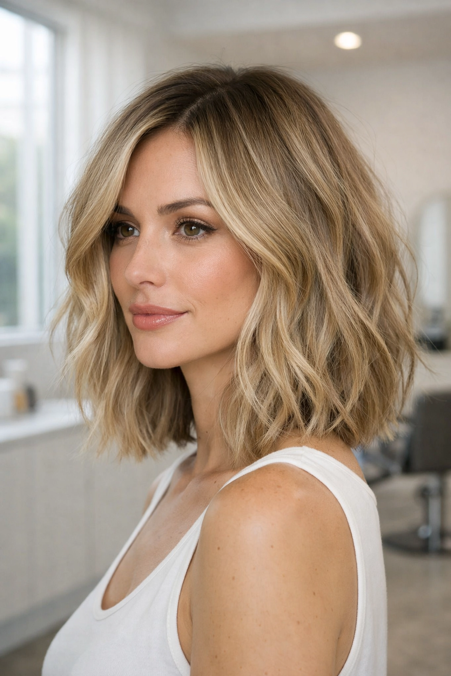 Textured blonde lob with beach waves, a popular haircut at our hair salon in Concord NH.