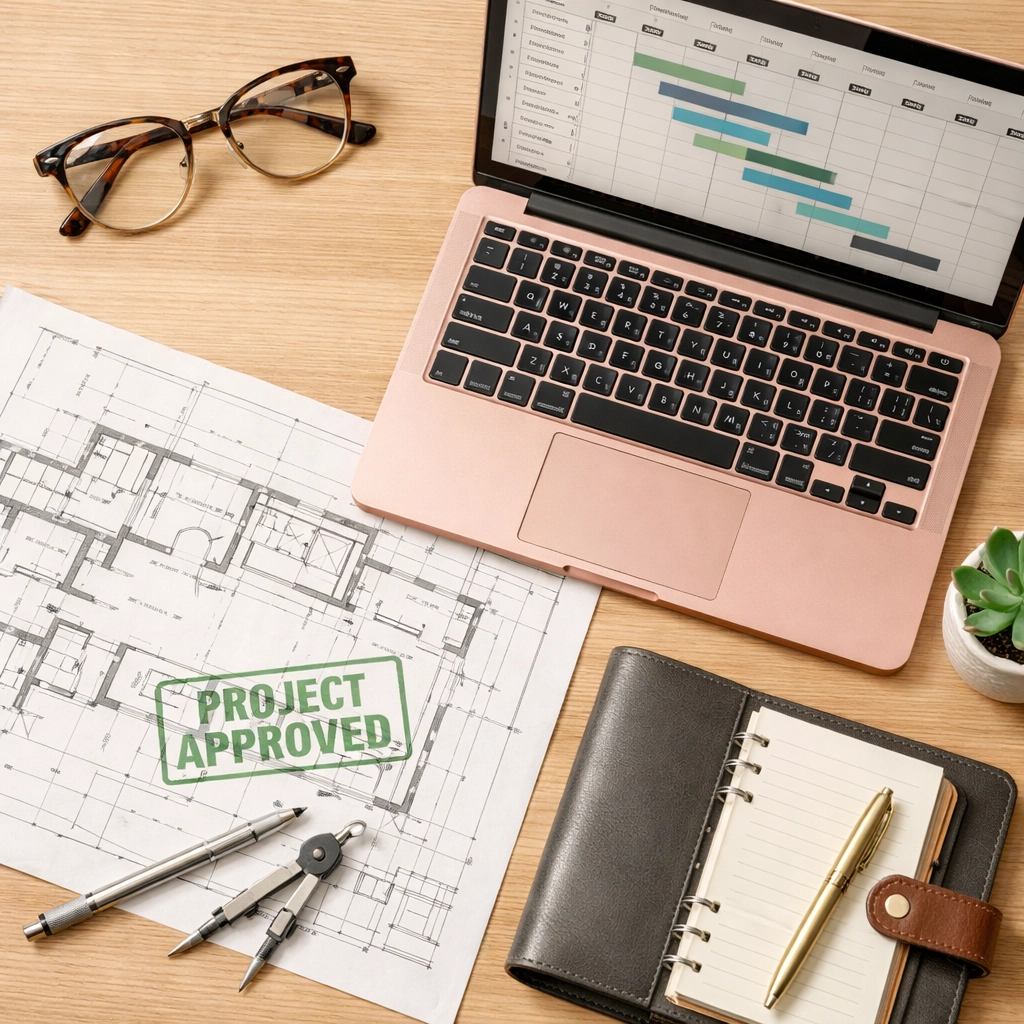 Real estate investing project timeline and house flip blueprints on a professional woman's desk.