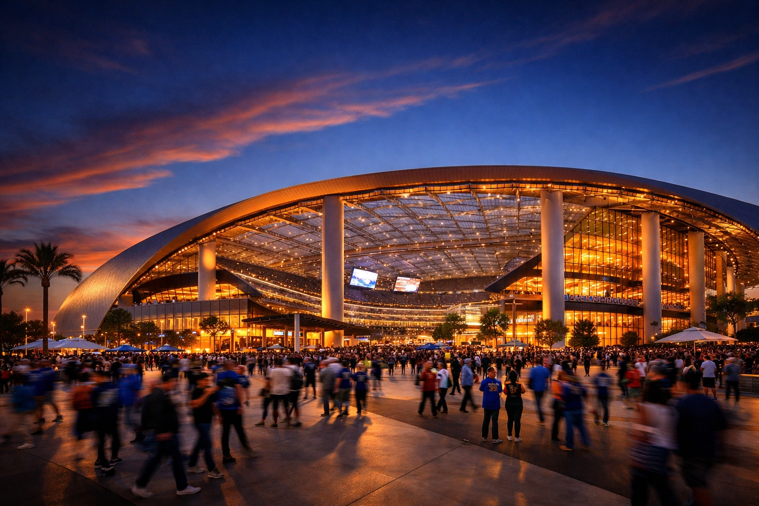 Fans entering Levi's Stadium at dusk for Super Bowl 2026 venue branding.