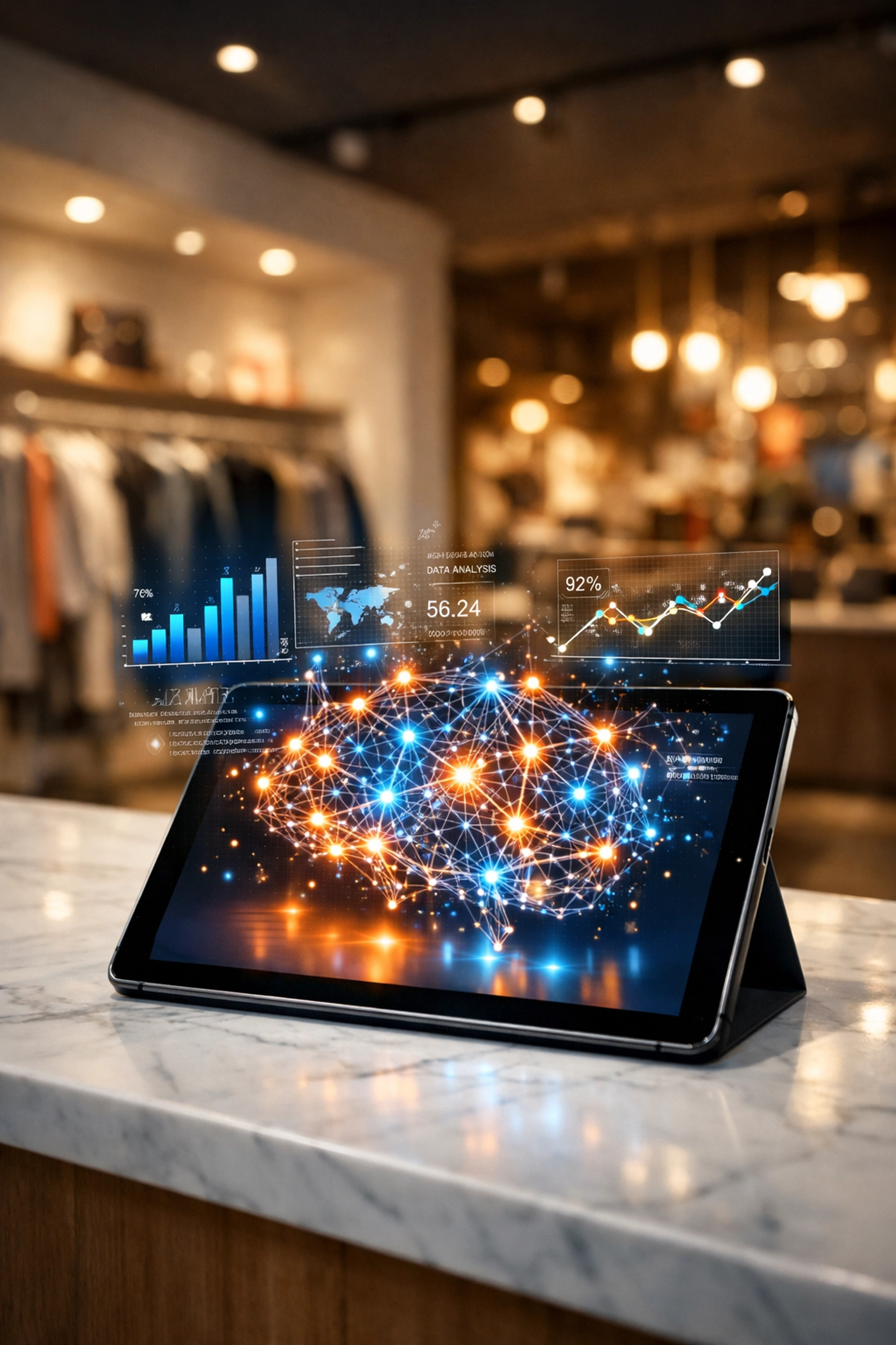 Modern boutique tablet displaying AI-driven payment analytics and data for Web3 crypto POS systems.