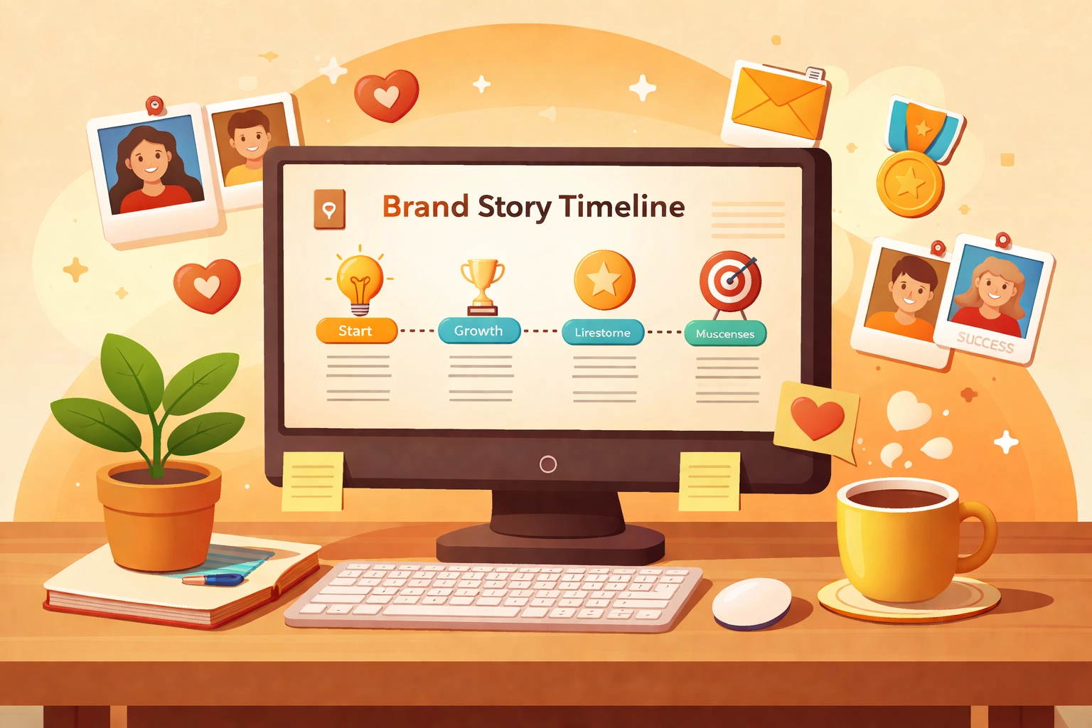 Workspace with computer displaying brand story timeline and icons for company culture graphics