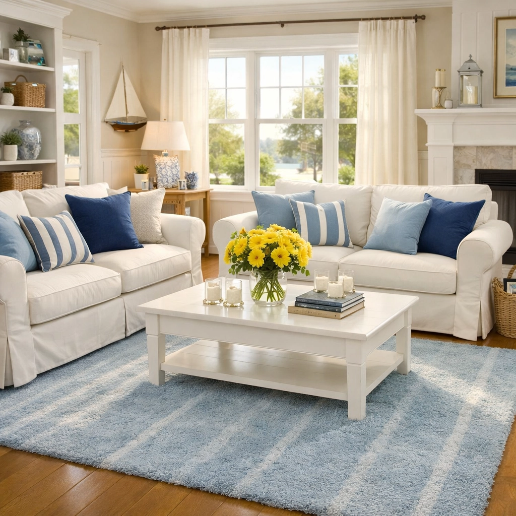 A perfectly vacuumed and dust-free Cape Cod living room maintained by weekly house cleaning services.