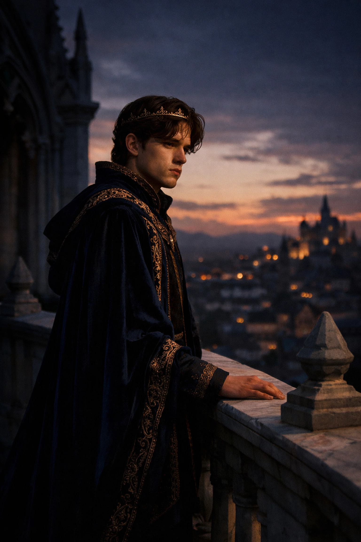 A melancholic prince in royal velvet robes standing on a marble palace balcony at twilight.