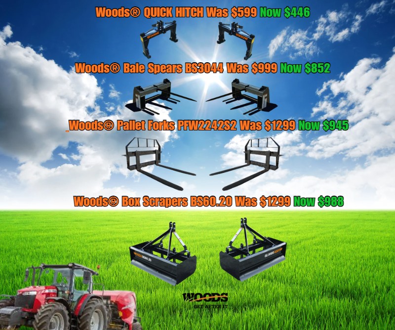 Woods Tractor Implements Promotional Graphic Promotional graphic displaying discounted prices on Woods® tractor implements, including the Quick Hitch, Bale Spears BS3044, Pallet Forks PFW2242S2, and Box Scrapers BS60.20. Background features a bright blue sky and green field, with images of the implements and a red tractor, highlighting Ocala Tractor LLC's current attachment deals.