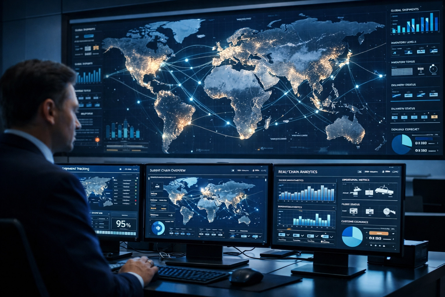 4PL integration command center showing real-time global shipment tracking and supply chain execution data.
