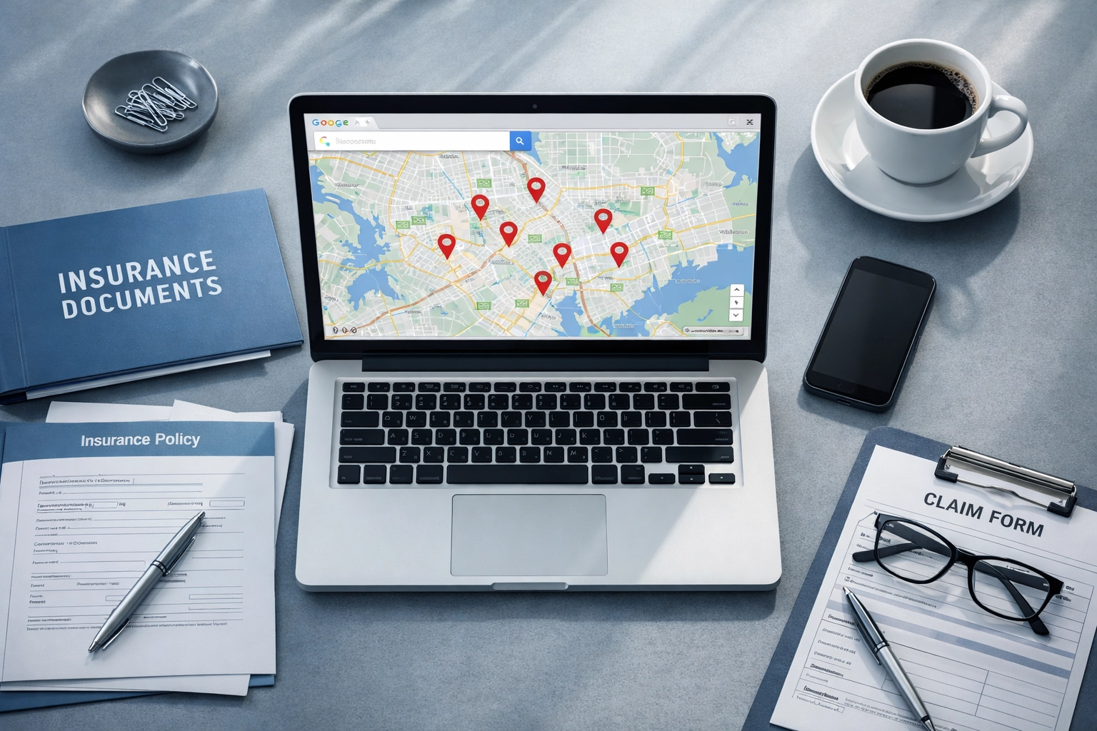 Insurance agent's desk with laptop displaying Google Maps for local SEO strategy