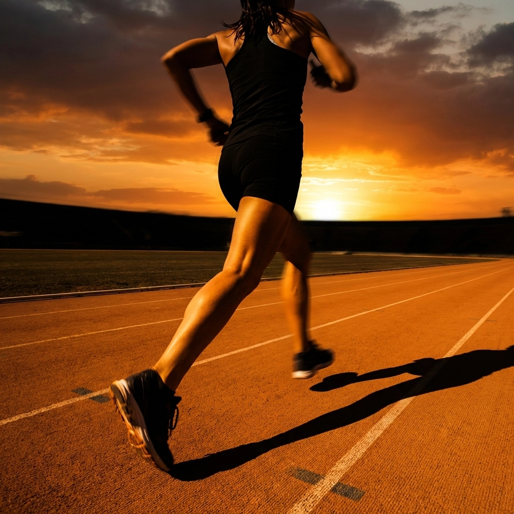Female runner in mid-stride on an urban track, showcasing single-leg strength and balance for injury prevention.