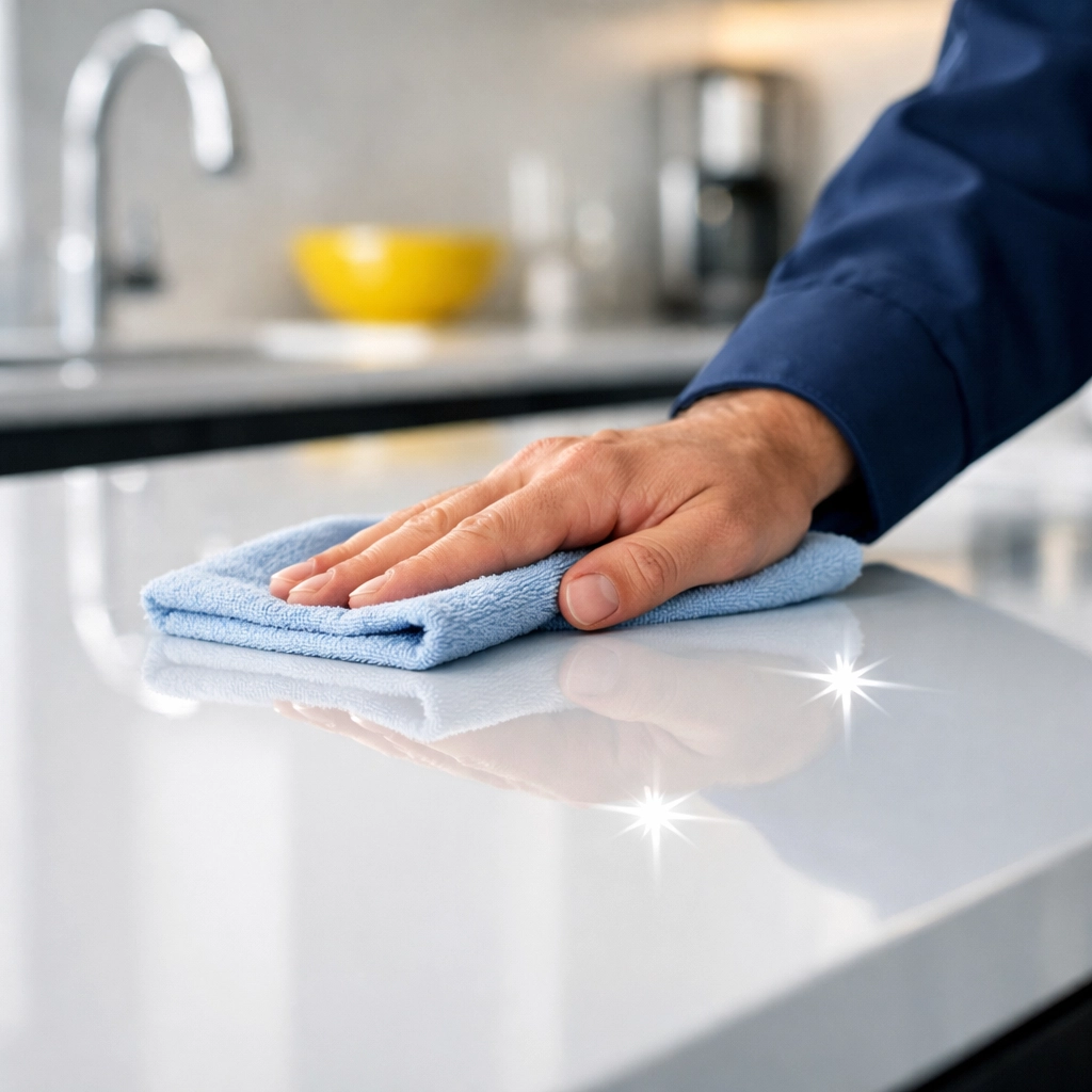 Close-up of a professional cleaner wiping a kitchen counter during a deep Apartment Cleaning Boston.