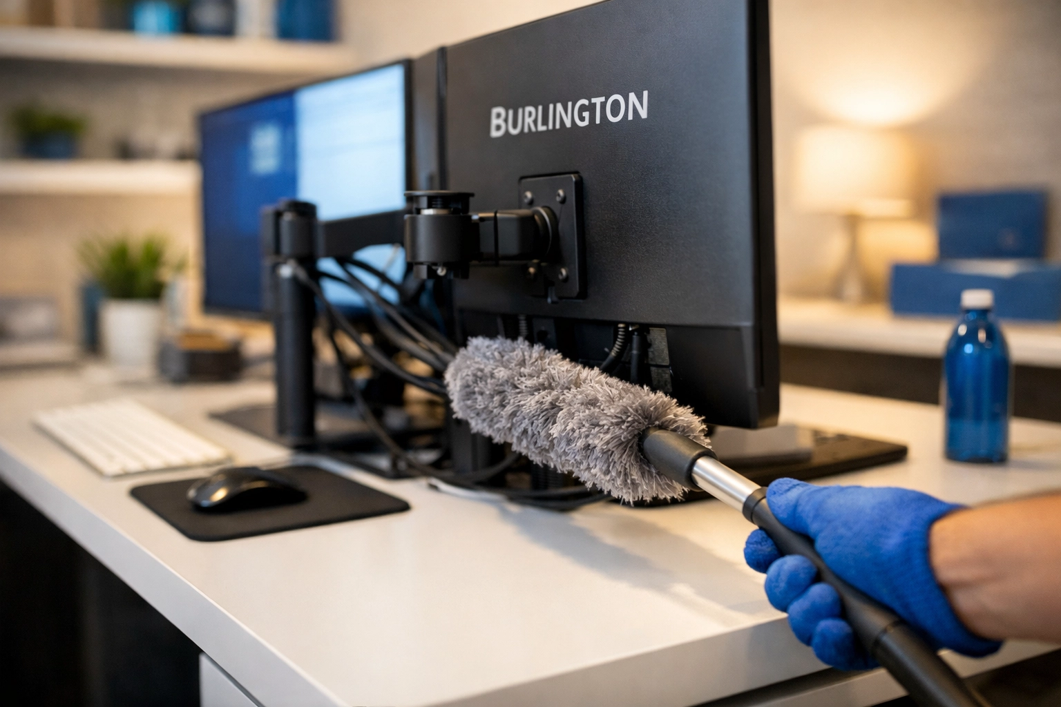 Professional cleaning of high-tech workstations and electronics in a Burlington Massachusetts office.