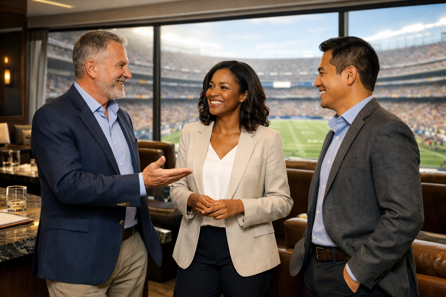 Executives networking in a luxury Super Bowl suite with a view of the football field.