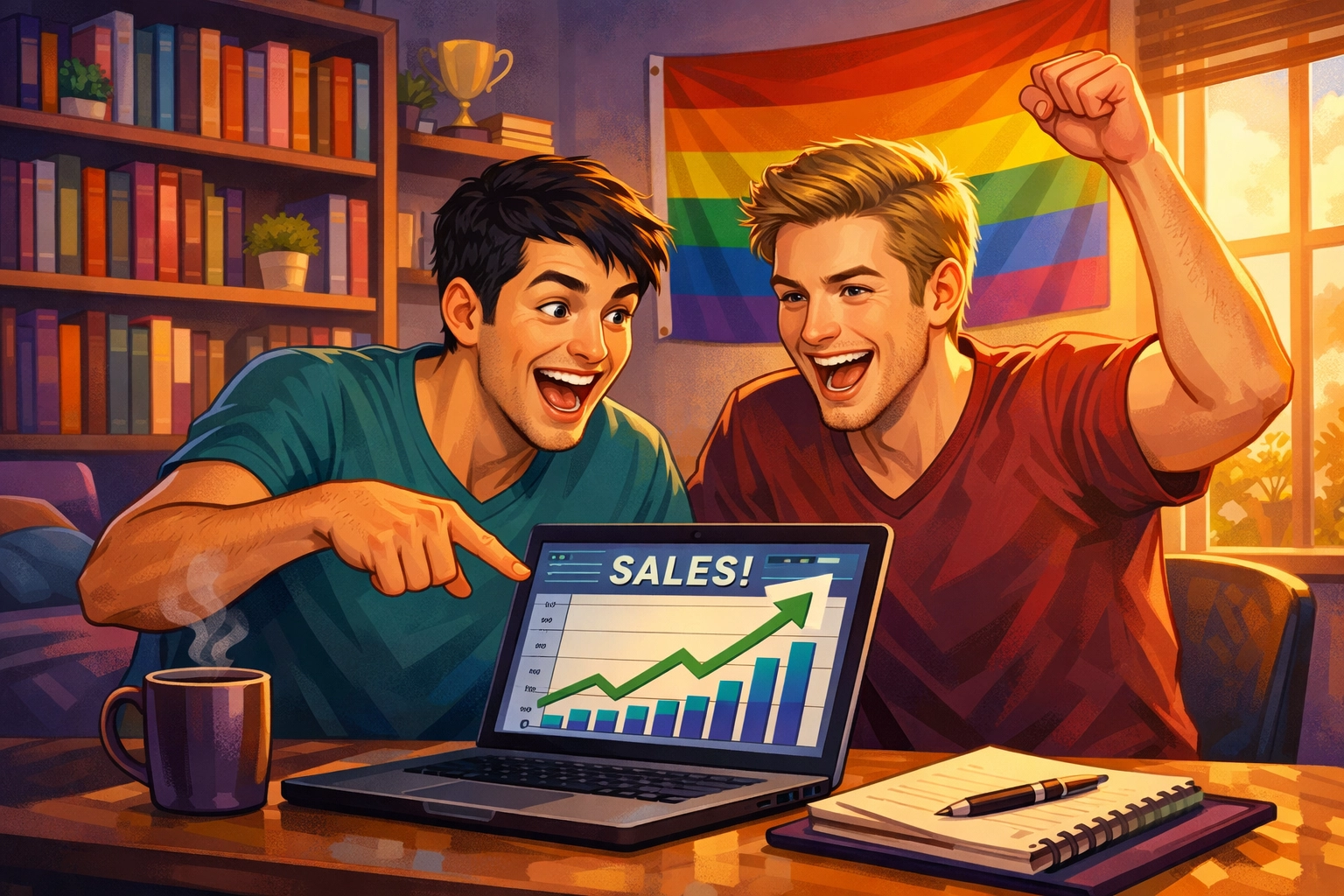 Two gay authors celebrating rising book sales and indie publishing success on laptop