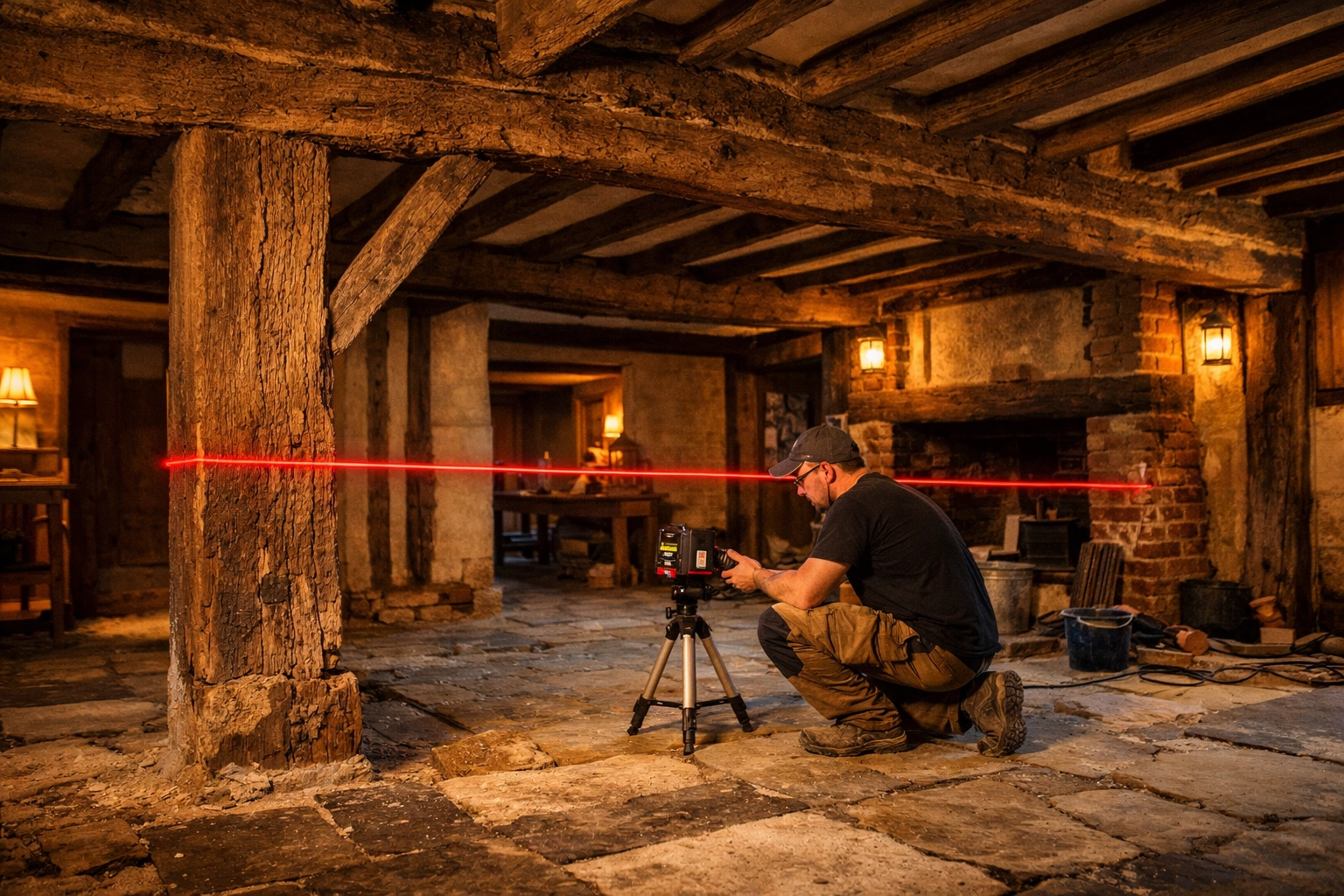 Specialist builder using a laser level to renovate a historic West Sussex home with oak beams.