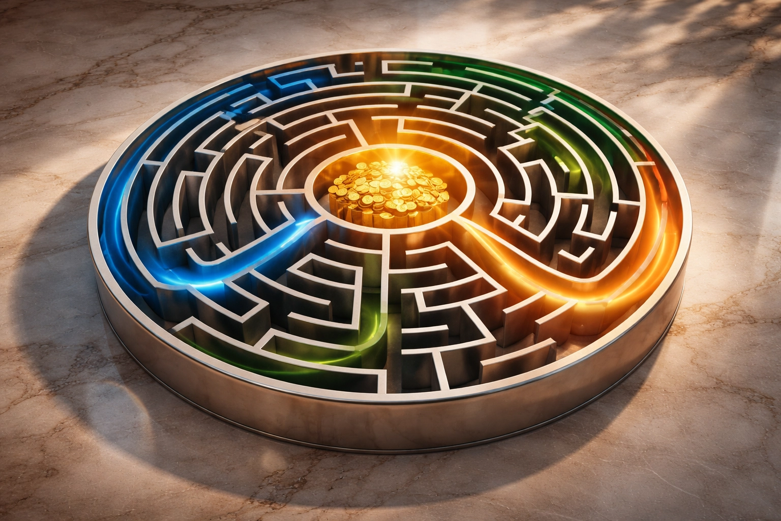 A maze depicting strategic pathways to wealth preservation in a modern 40/30/30 investment portfolio approach