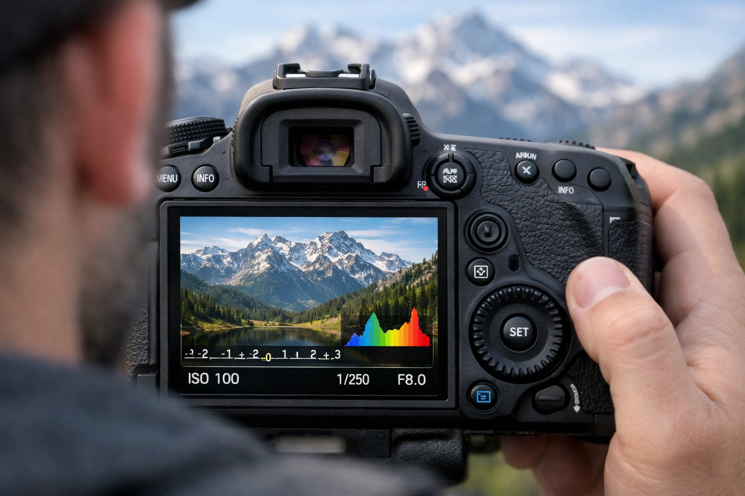 Camera screen showing a mountain landscape and histogram for manual mode 101 in the field.