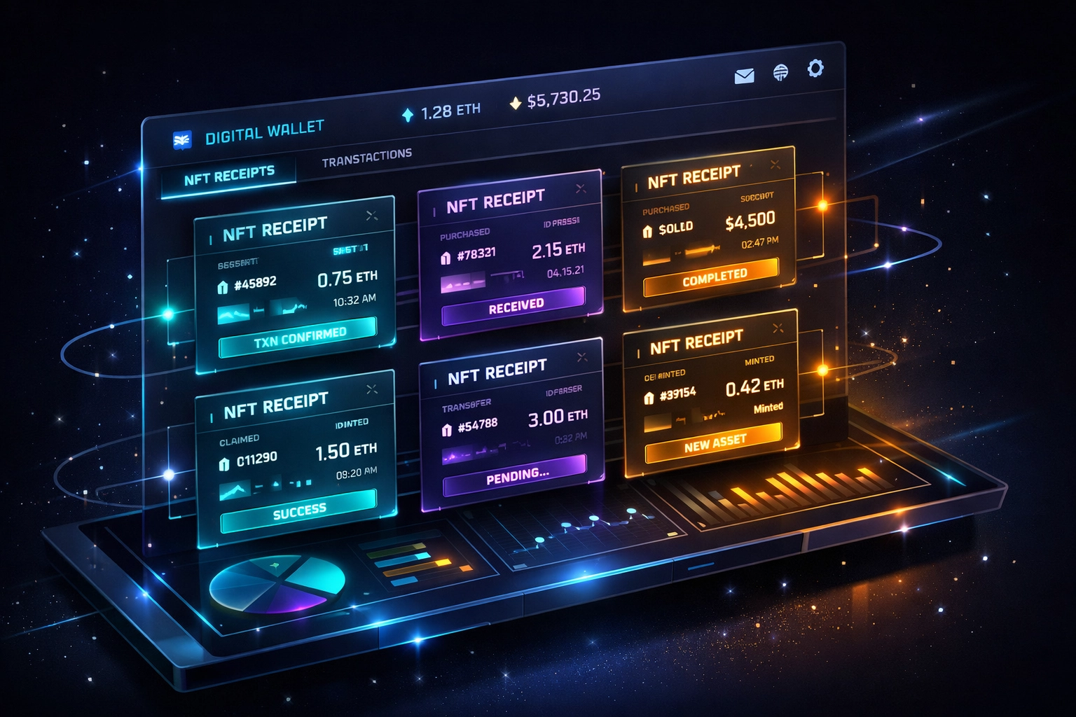 Digital crypto wallet dashboard displaying NFT transaction receipts for Web3 payments