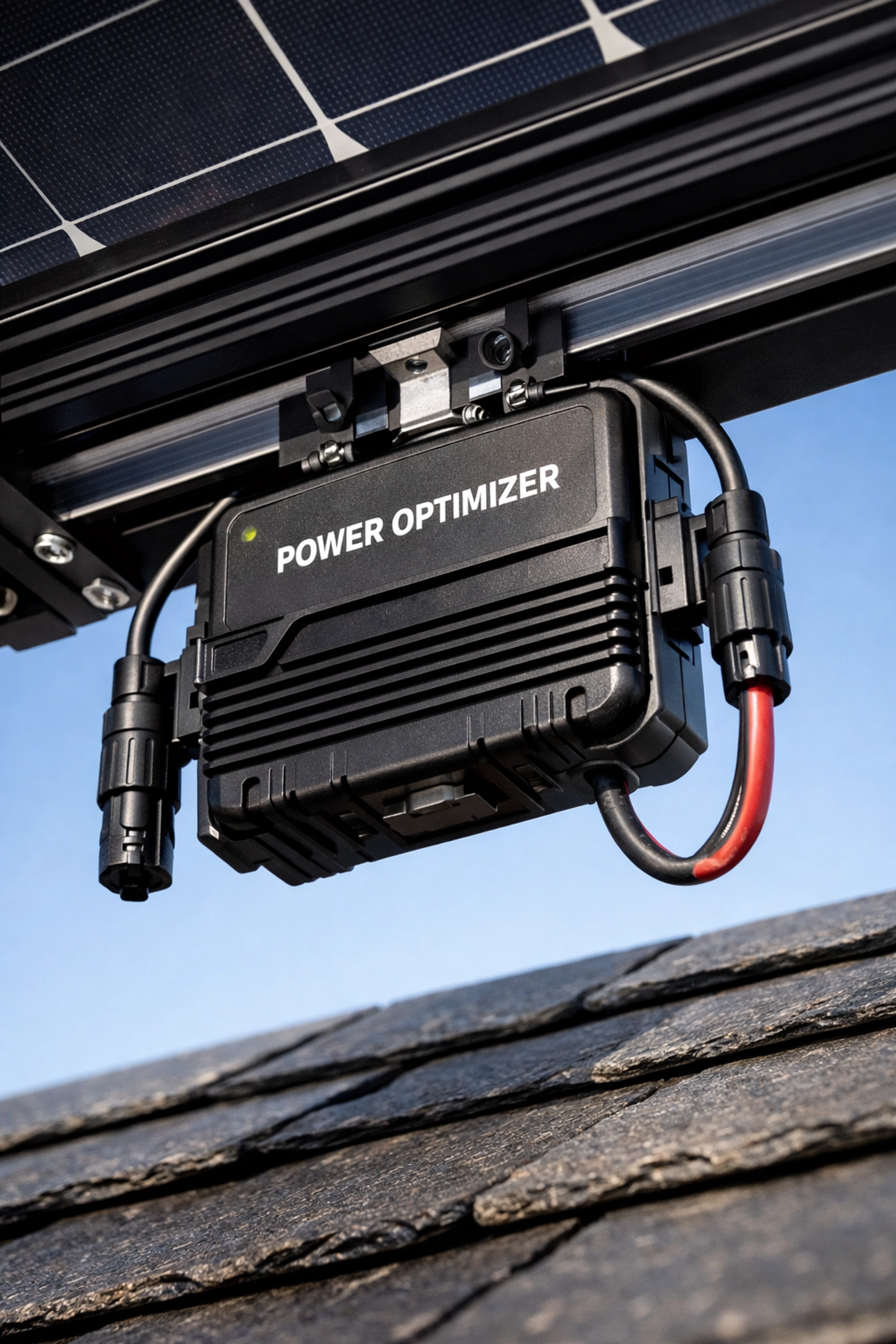 Close-up of a SolarEdge power optimizer attached to a black solar panel to maximize energy yield.