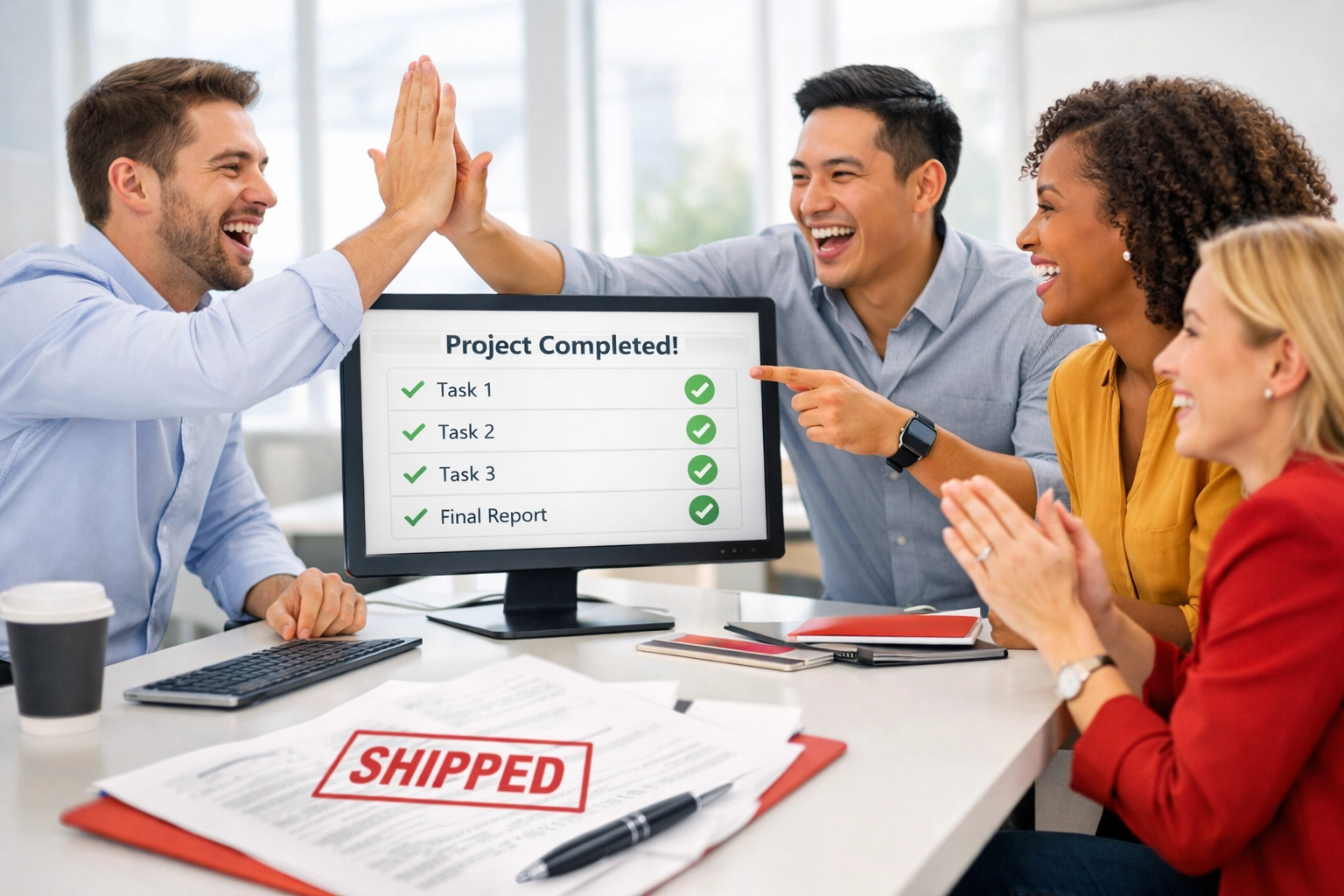 Enterprise delivery team celebrating program milestone with completed project dashboard