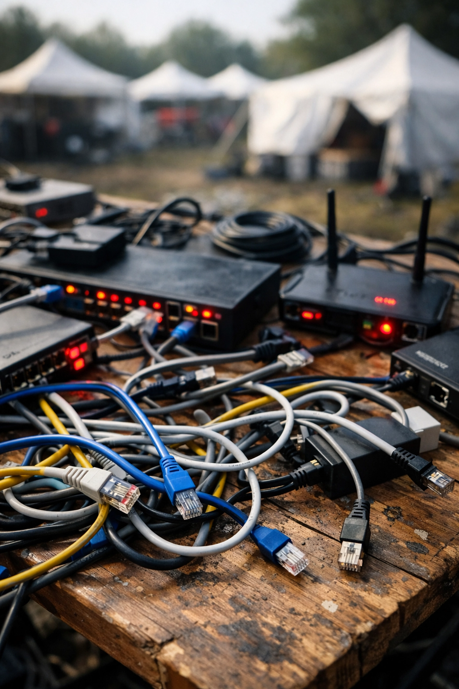 Failed event WiFi setup with tangled cables and disconnected network equipment