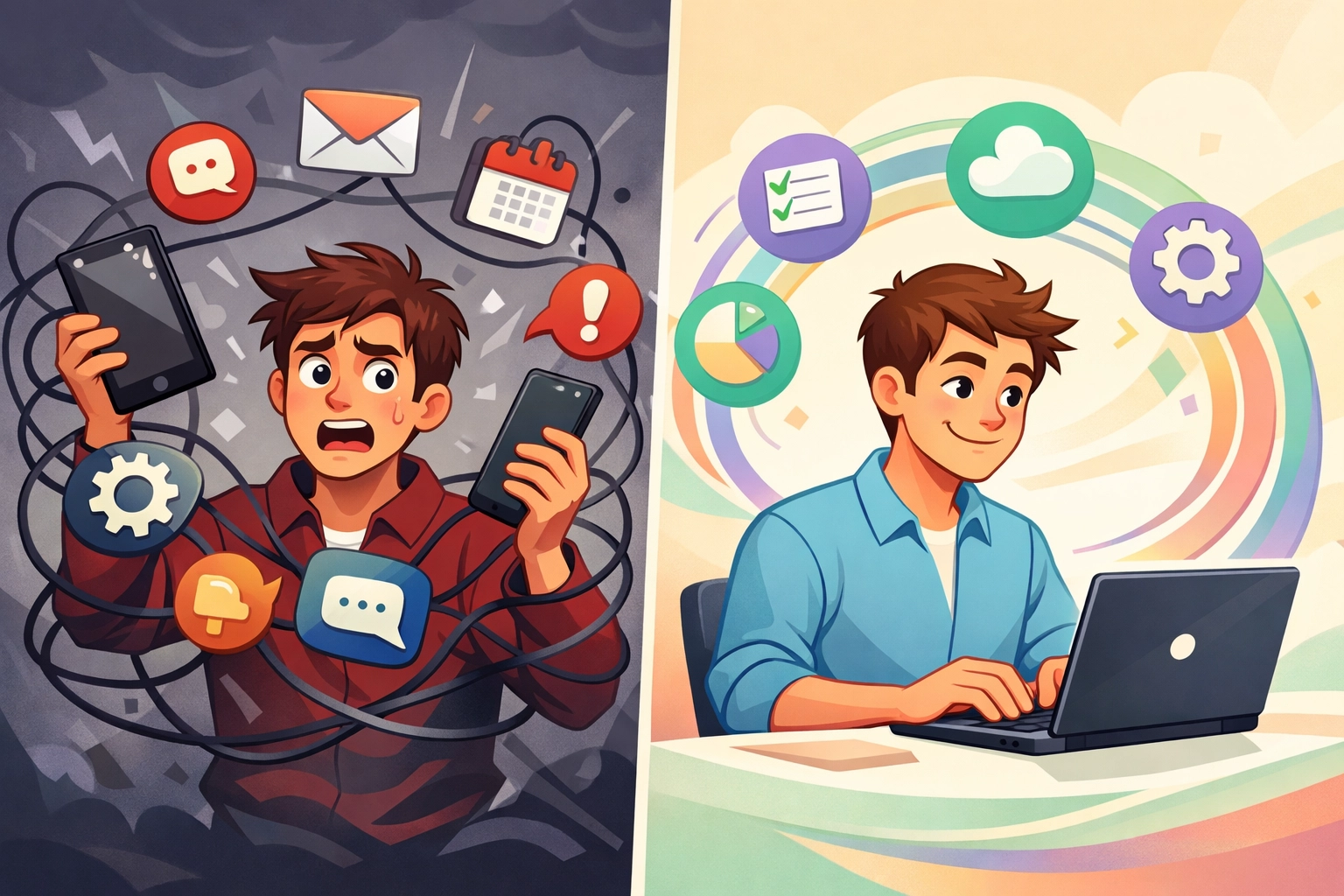 Comparison showing chaotic multiple tools versus streamlined unified business platform