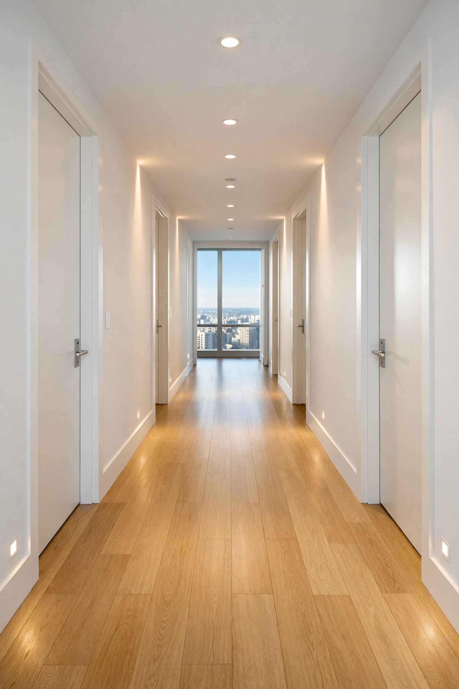 Pristine modern residential hallway with clean oak flooring in a luxury high-rise building.